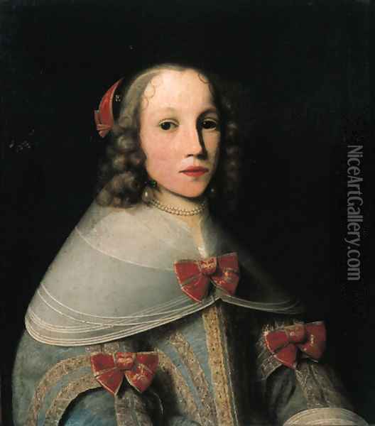 Portrait of Elisabeth Pruys van Oswaert (-1683), half length, wearing a light blue brocade dress with lace collar and red bows Oil Painting - Lambert Doomer