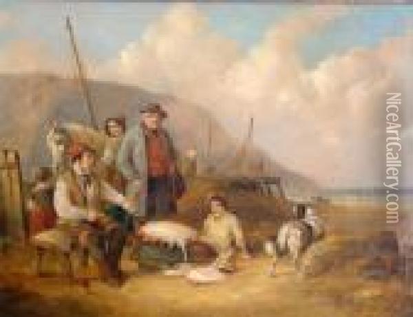 Fisherfolk On The Shore Oil Painting - Snr William Shayer