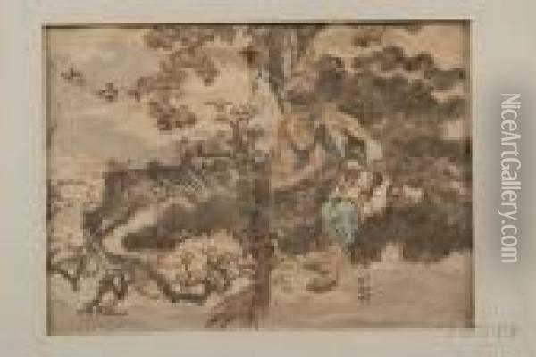 Old Farmer With Broom,
From The 
Manga Oil Painting - Katsushika Hokusai