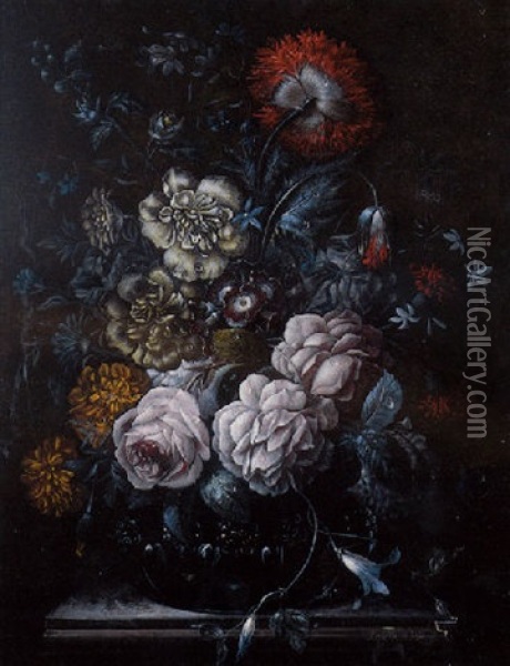 Vase De Fleurs - Roses, Primeveres, Pivoines, Oeillets Et Volubilis... Dans Un Vase Pose Sur Un Entablement Oil Painting - Johann Baptist Halszel