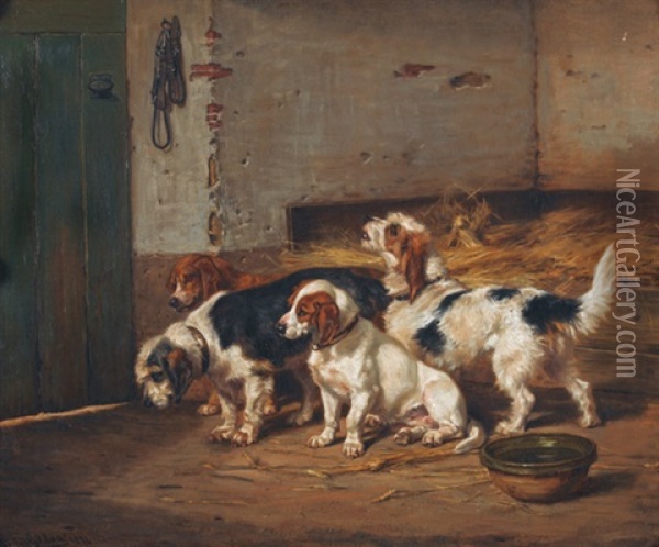 Vier Jagdhunde Im Stall Oil Painting - Jules Bertrand Gelibert