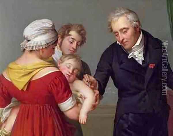 Baron Jean Louis Alibert 1768-1837 performing the vaccination against smallpox in the Chateau of Lian Oil Painting - Constant Joseph Desbordes