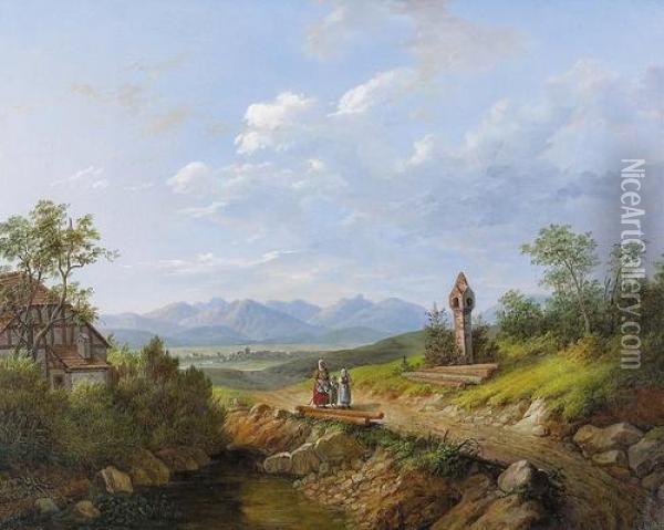 Voralpenlandschaft Mit Spaziergangerinnen. Oil Painting - Matthias Rudolf Toma