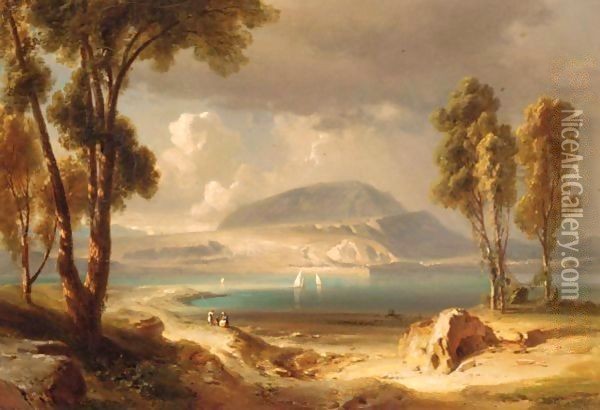Italian Lake View Oil Painting - Friedrich Bamberger
