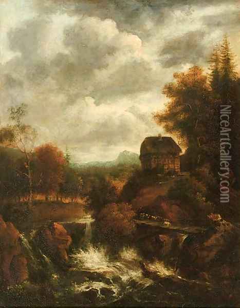 A wooded river landscape with a waterfall and a shepherd with his flock crossing a bridge, a cottage nearby Oil Painting - (follower of) Ruisdael, Jacob I. van