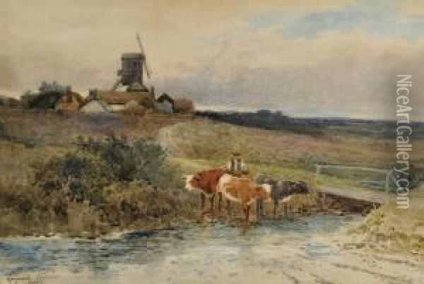 A Herdsman And Cattle On A Stream Oil Painting - Leopold Rivers