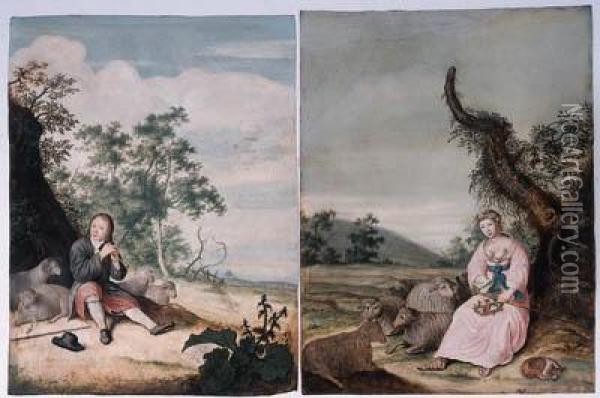 A Pastoral Portrait Of A Young Man As A Shepherd Playing A Flute;and A Pastoral Portrait Of A Young Woman As A Shepherdess, Holdinga Letter And A Floral Wreath, Her Dog Nearby Oil Painting - Willem De Heer