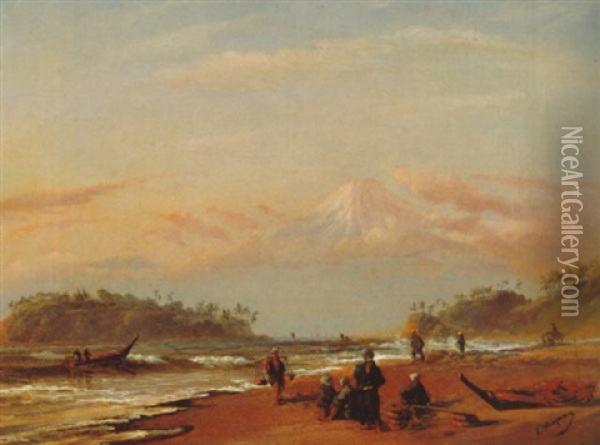 A View Of Mount Fuji From Shichirigahama Beach With Fisherfolk Oil Painting - Charles Wirgman Jr.