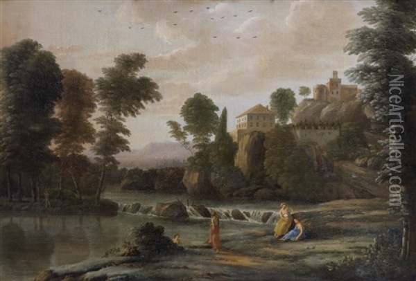 Nymphs Bathing In An Italianate Landscape Oil Painting - Johan Danckerts