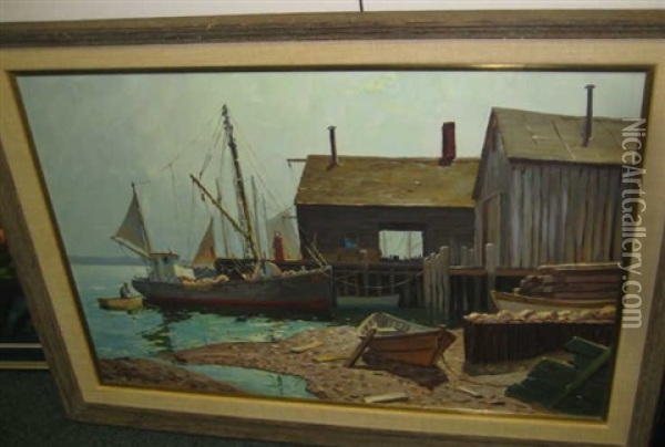 Docked Fishing Boat Oil Painting - William Hughes