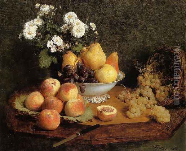 Flowers and Fruit on a Table Oil Painting - Ignace Henri Jean Fantin-Latour