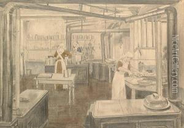 Kitchen At No.8, Red Cross Hospital. Oil Painting - Ernest Procter