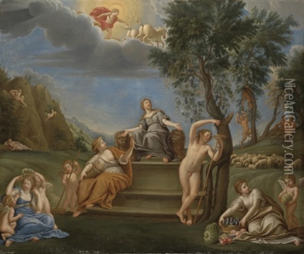 Realm Of Earth: Cybele Surrounded By Ceres, Flora And Bacchus Oil Painting - Francesco Albani