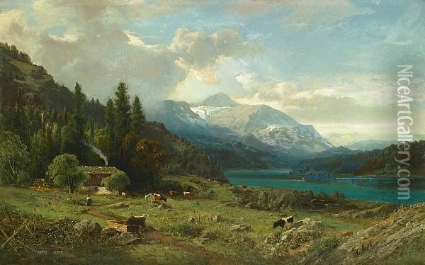 Cattle, Shepherdess And Cabin In An Alpine Landscape Oil Painting - William Keith