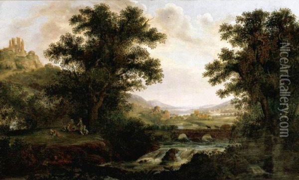 An Italianate Landscape With Drovers Crossing A Bridge And Figures By A Camp Fire Oil Painting - James, Snr, Lewes Of Lambert
