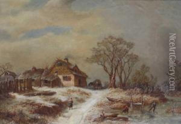 Winterlandschaft Mit Schlittschuhlaufern Und Altem Bauernhaus Oil Painting - Julius Schlegel