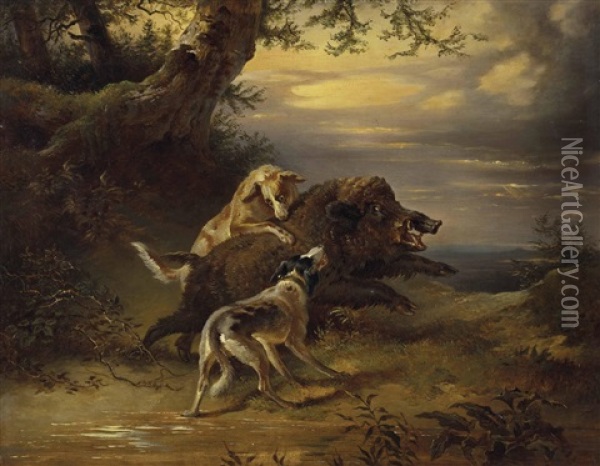 Eber, Von Hunden Angefallen Oil Painting - Friedrich Gauermann