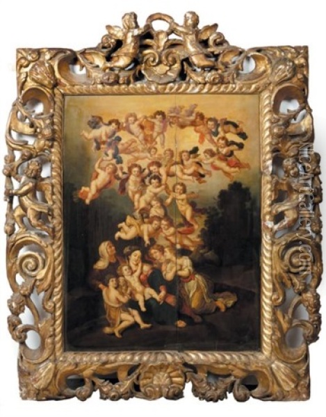 La Vierge A L'enfant Avec Sainte Elisabeth Et Saint Jean-baptiste Adores Par Les Anges Oil Painting - Hendrik van Balen the Younger