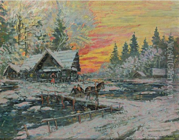 Riding Through The Village, Sunset Oil Painting - Konstantin Alexeievitch Korovin