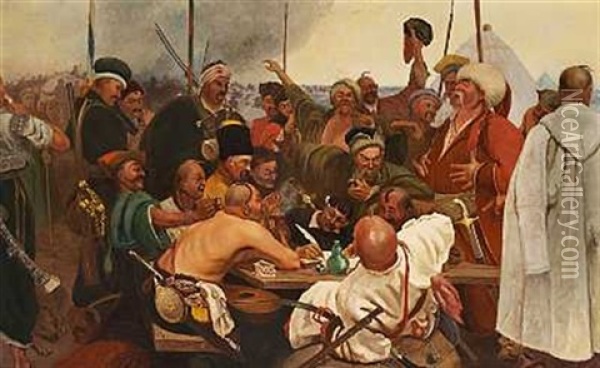 Zaporozhian Cossacks Of Ukraine Writing A Letter To The Turkish Sultan Oil Painting - Ilya Repin