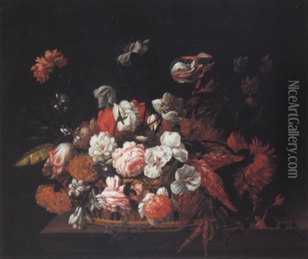 Still Life Of Roses, Carnations, Tulips And Other Flowers In A Basket Upon A Ledge Oil Painting - Pieter Casteels III