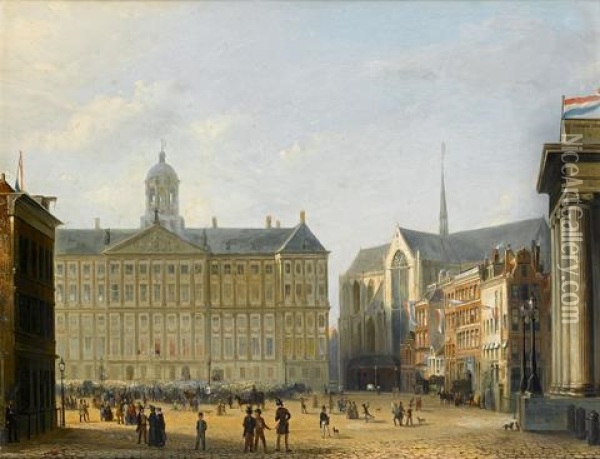 King William Iii Of The Netherlands Saluting The Crowd From The Royal Palace, Amsterdam Oil Painting - Pierre (Henri Theodore) Tetar van Elven