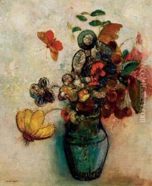 Bouquet De Fleurs Et Papillons Oil Painting - Odilon Redon