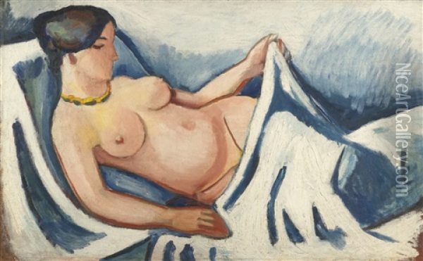Akt Liegend (reclining Nude) Oil Painting - August Macke
