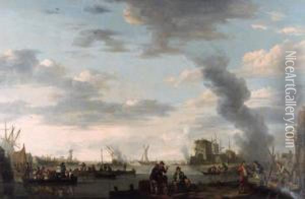 A Boatyard With Stevedores On The Shore With Figures In Aferry Oil Painting - Hendrick Willelm Schweickhardt