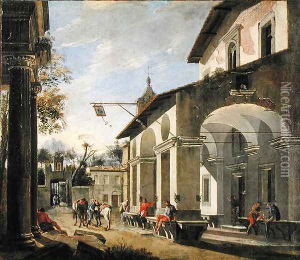 Courtyard of an Inn with Classical Ruins Oil Painting - Viviano Codazzi