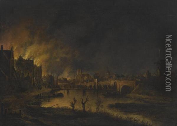 A Landscape With Houses Set Ablaze Oil Painting - Aert van der Neer