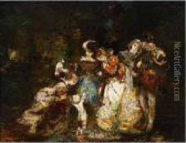Personnages Dans Les Sous Bois. Oil Painting - Adolphe Joseph Th. Monticelli