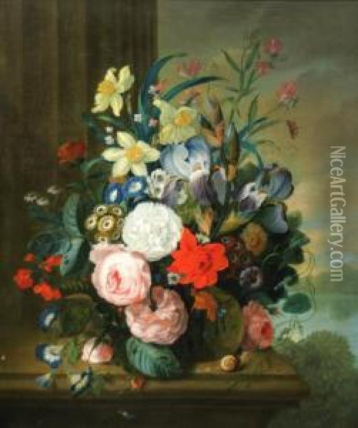 Still Life Of Flowers On A Marble Ledge Oil Painting - James Sillett