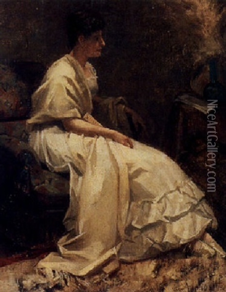 A Lady In A White Evening Gown Oil Painting - Marie Wandscheer