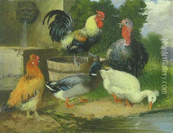 Gans, Ente, Truthahn, Hahn Und Huhn Am Wasser Bei Einem Futtertrog Vor Dem Brunnen Oil Painting - Julius Scheuerer