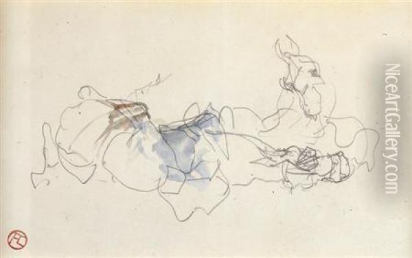 French, - Reclininghorses Oil Painting - Henri De Toulouse-Lautrec