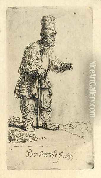 A Peasant in a high Cap, standing leaning on a Stick 2 Oil Painting - Rembrandt Van Rijn