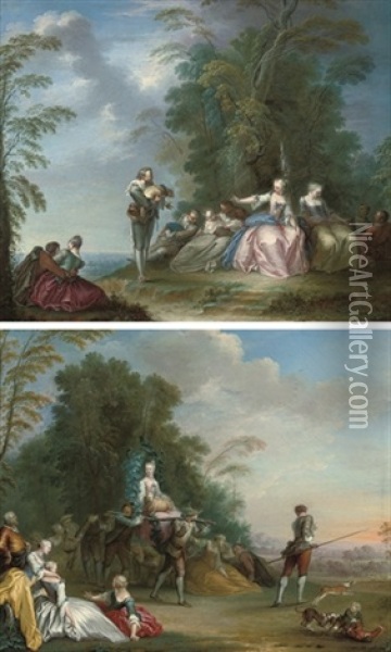 Figures At Rest On A Wooded Summit (+ Another; Pair) Oil Painting - Jacques Sebastien Le Clerc