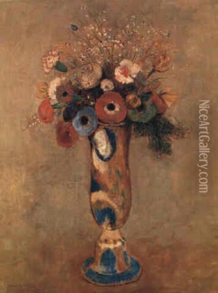 Fleurs De Champs Dans Un Vase A Long Col Oil Painting - Odilon Redon