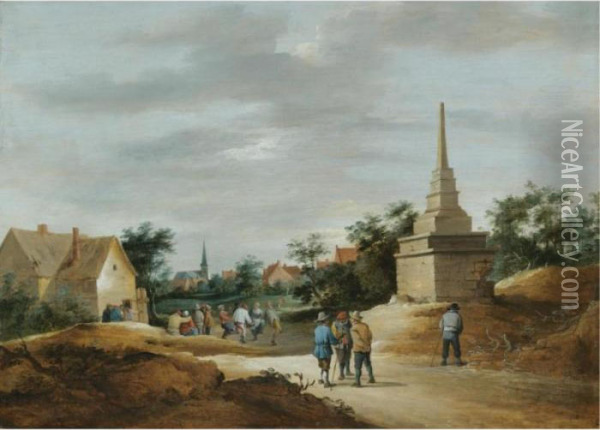 A Village Scene With Boors 
Conversing In The Foreground And Figures Dancing In The Background Oil Painting - David The Younger Teniers