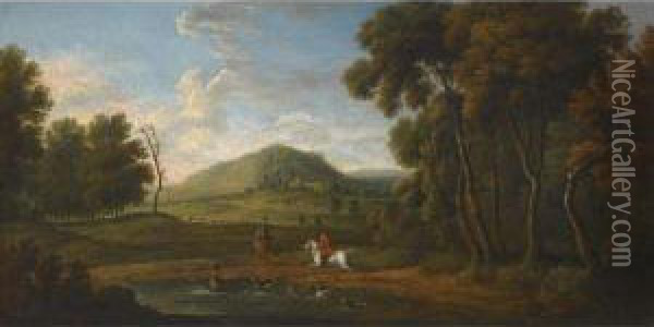 Stag Hunting In An Extensive Landscape Oil Painting - James Ross
