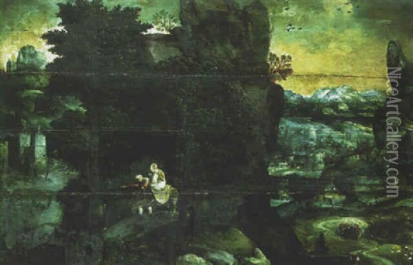 La Fuite En Egypte Dans Un Vaste Paysage Panoramique Oil Painting - Herri met de Bles