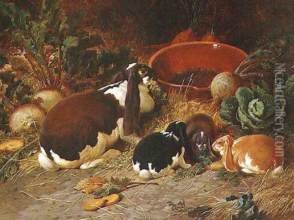 Fancy Rabbits, a Doe with her Young, 1863 Oil Painting - John Frederick Herring Snr