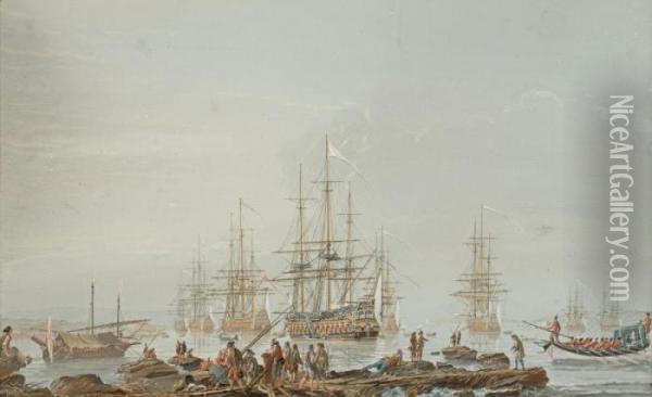 Batiment De Commandement Et Sept Vaisseaux Au Mouillage Dans Le Port De Genes Oil Painting - Louis Nicolael van Blarenberghe