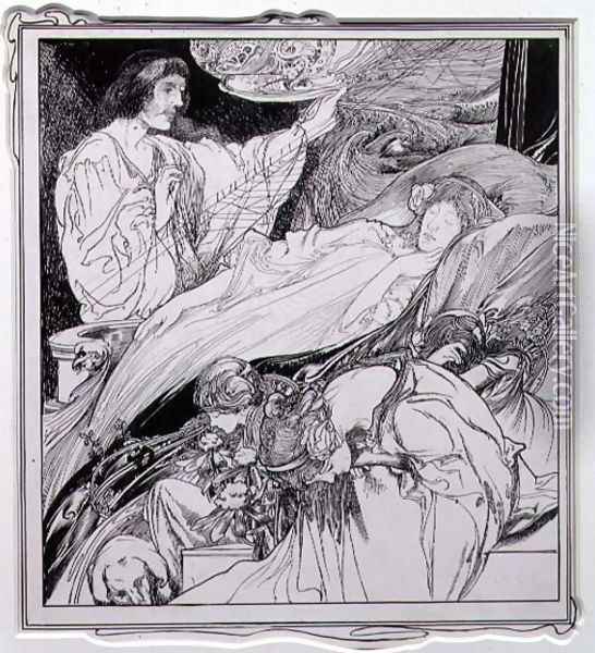 There She Lay, Looking So Beautiful, illustration from Briar Rose, The True Annals of Fairyland - The Reign of King Herla, pub. by J.M. Dent and Co. Ltd., 1900 Oil Painting - Charles Robinson