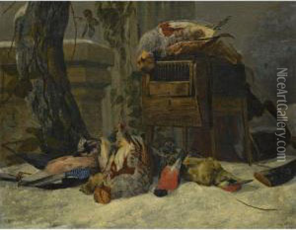 Still Life With Dead Game And Songbirds In The Snow Oil Painting - Peeter Boel