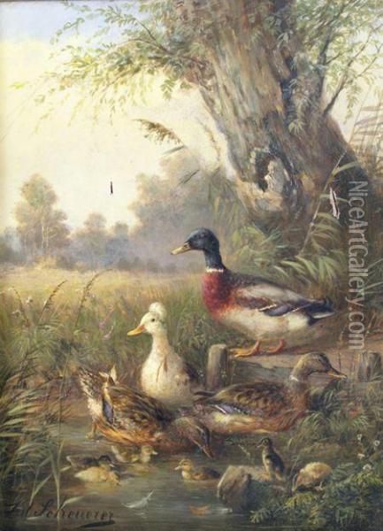 Ducks And Ducklings On Apond Oil Painting - Julius Scheurer