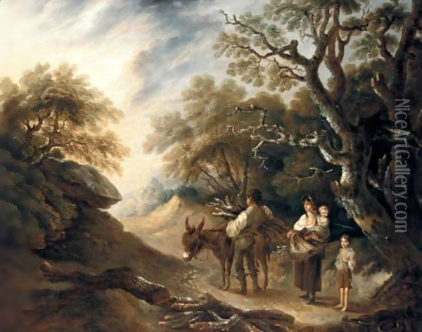A Wood Gatherer And His Family Loading A Donkey In An Extensive Landscape Oil Painting - Thomas Barker of Bath