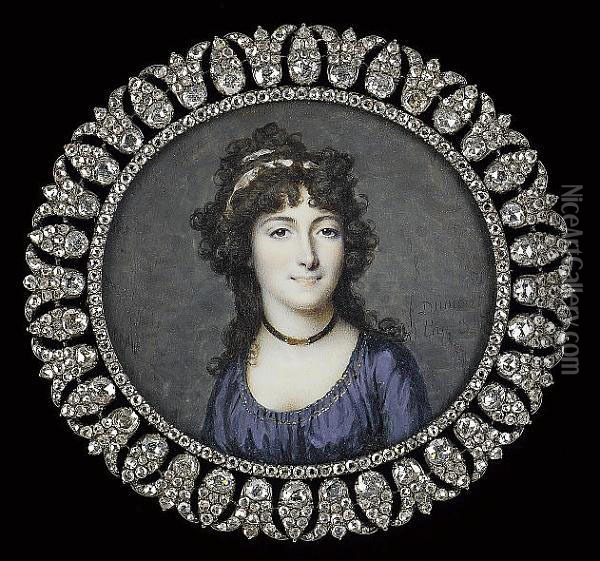 A Lady, Wearing Dark Blue Dress With Gold Trim, Black Ribbon Necklace With Gold Clasp And White Ribbon In Her Dark Curled Hair Oil Painting - Francois I Dumont