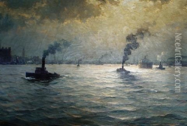 Shipping At Dusk Oil Painting - Paul Wolde